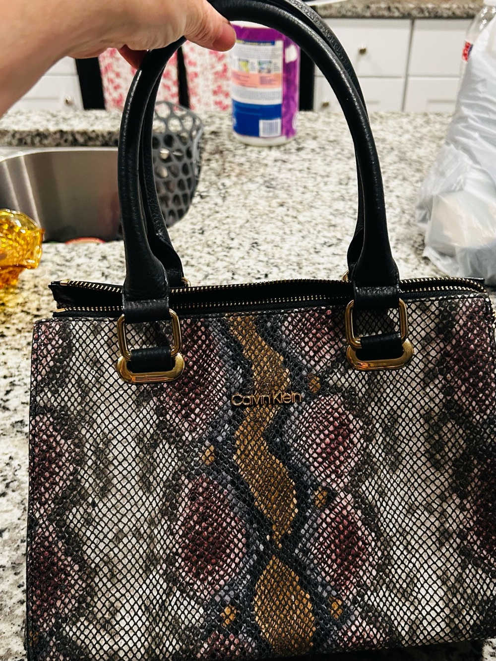 Calvin Klein Snake-Print Satchel in Black, Brown & Pink